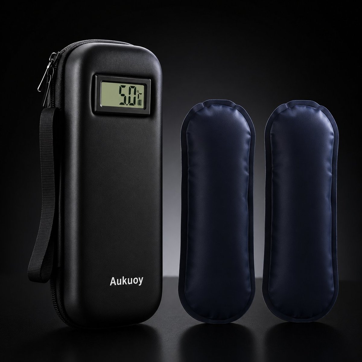 Aukuoy portable power bank with LCD display and two blue protective sleeves against black background