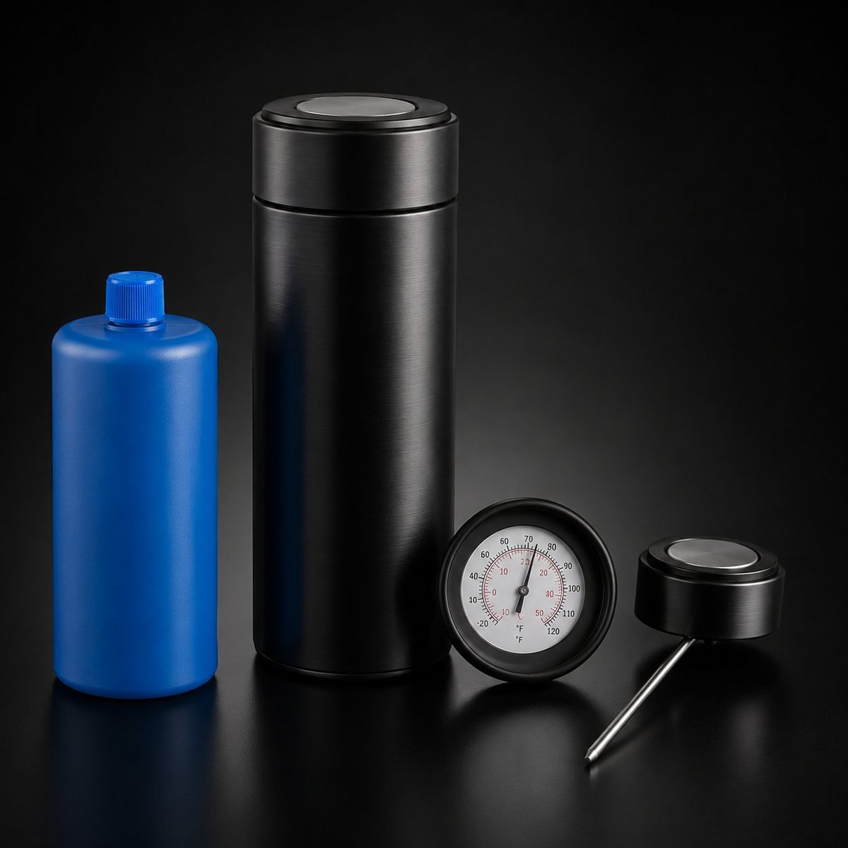 Four bartending tools displayed: blue spray bottle, black vacuum-sealed container, analog thermometer with probe, and small black cap